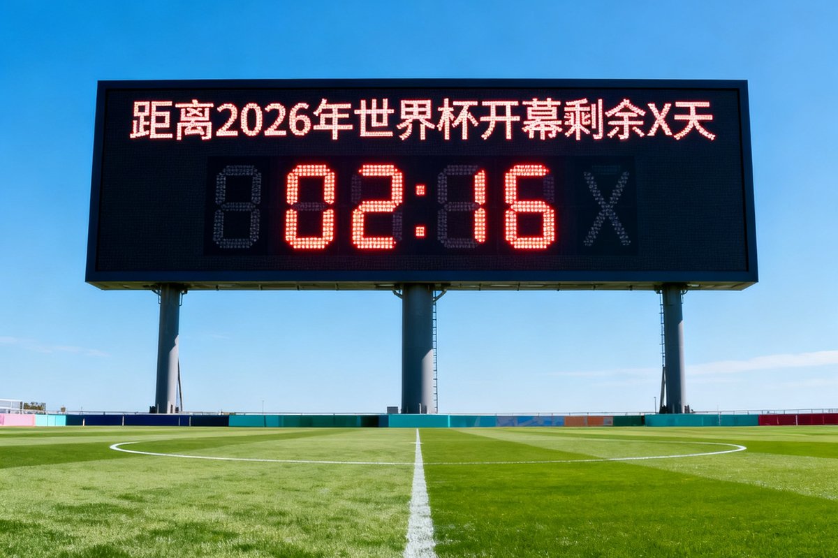 一个巨大的LED倒计时牌矗立在足球场中央，显示距离2026年世界杯开幕剩余天数，绿色草坪延伸至远方，天空湛蓝